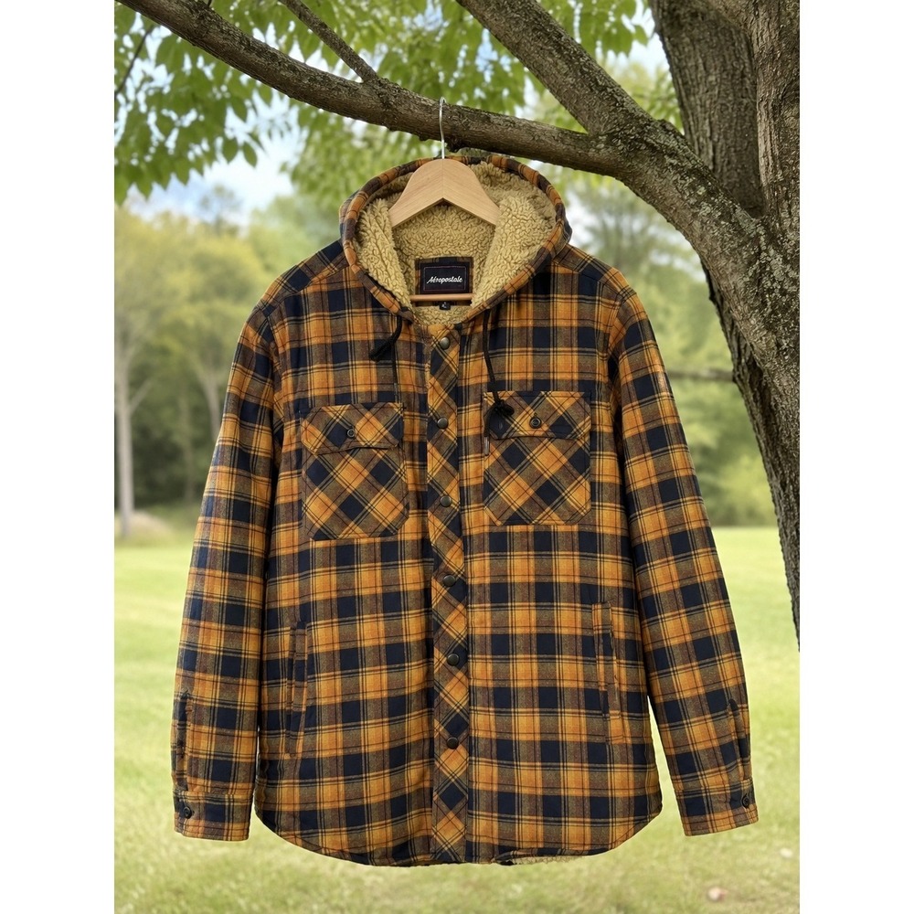 Aeropostale Mens Large Sherpa Lined Hooded Shacket Brown Orange Plaid Flannel L